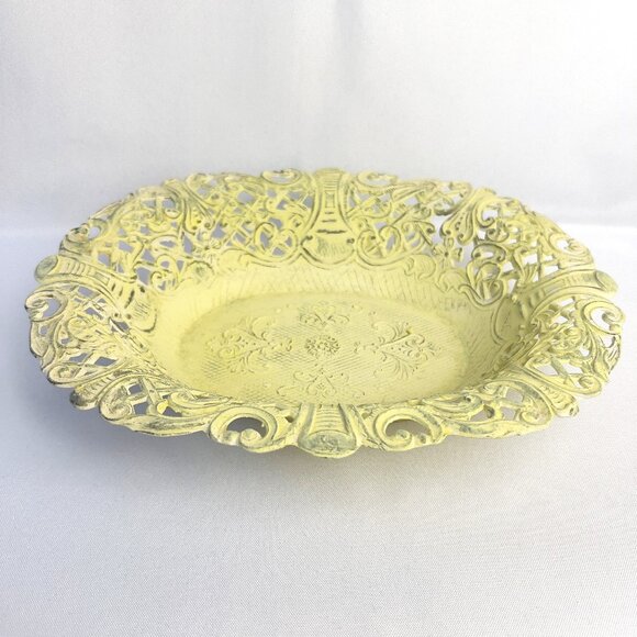 Italian Ornate Vintage Metal Dish Lemon Yellow Marked Italy C.T. 7  Floral Scrol - Picture 1 of 10